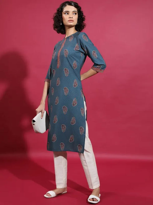 Vasthrlay Women Blue Printed Straight Kurtas